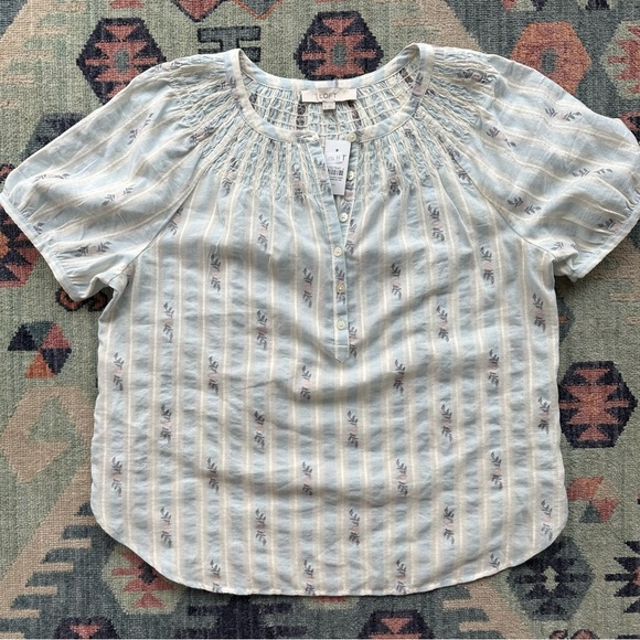 LOFT Striped Half Button Puff Sleeve Top - Picture 2 of 7